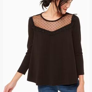 Kate Spade Point Desprit Knit Top Black Polka Dot Long Sleeve Lace Sz M